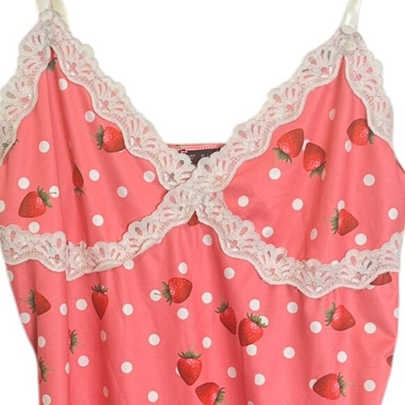 Zaful‎ Pink Strawberry Print Polka Dot Babydoll Nightie Slip Dress Sz XL Lace - Picture 3 of 4